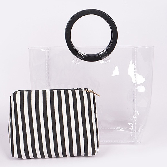 Clear Transparent Tote & Striped Make-Up Case - Bag in Bag - 2 for 1- NWT - Picture 3 of 6